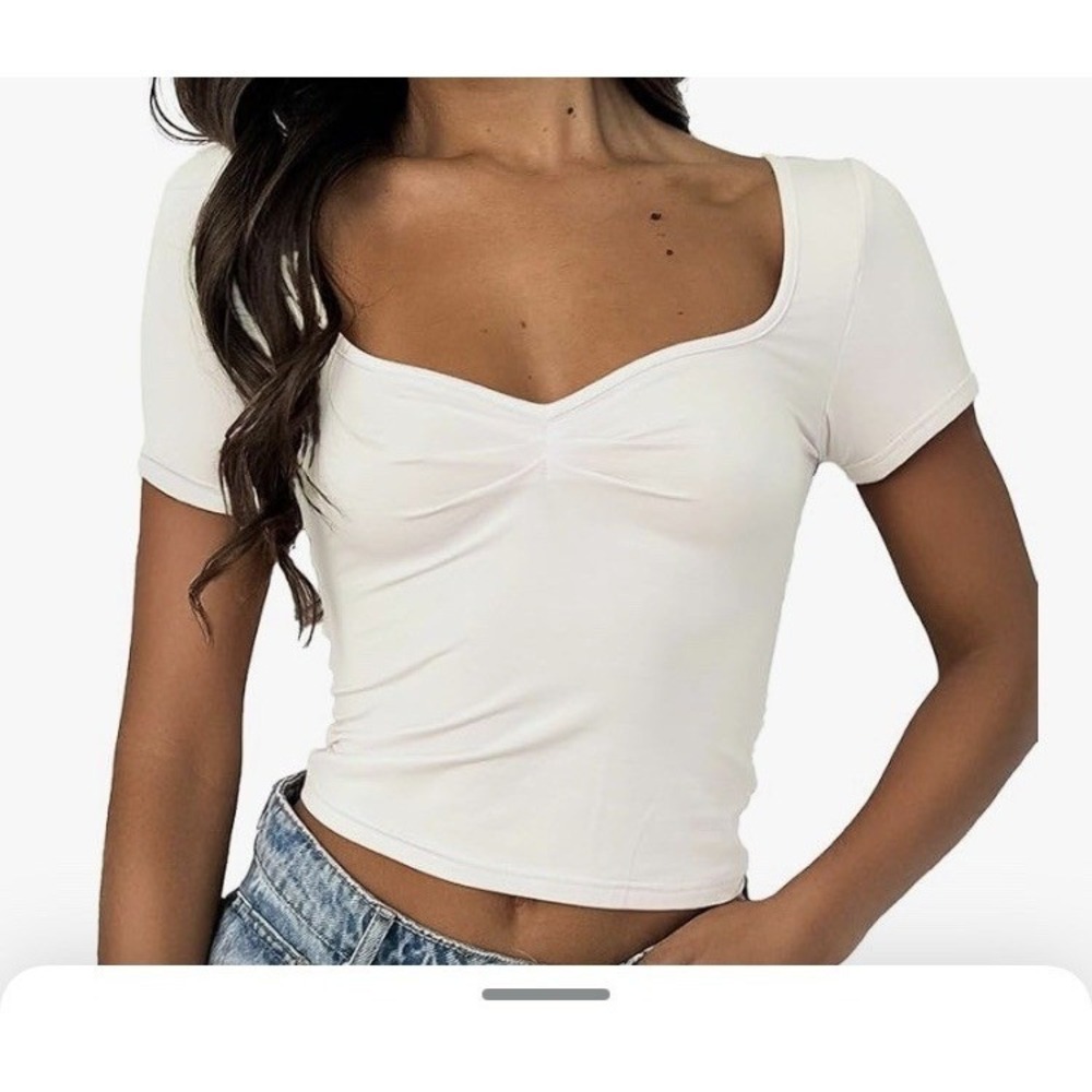 Vnira Cropped Blouse Women Medium White New V-Neck Short Sleeve C1052